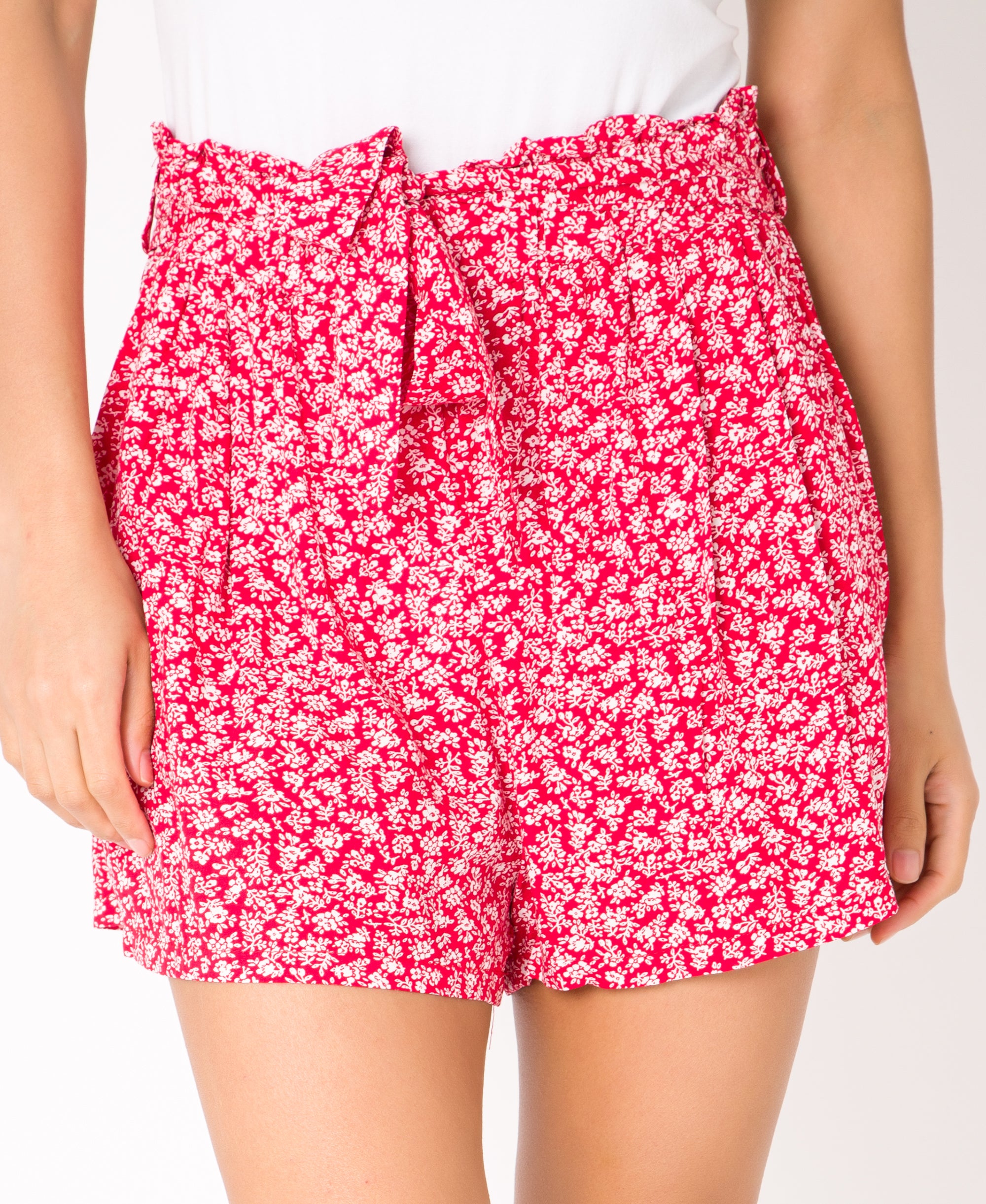 KRISP Tie Belted Waist White Flower Print Shorts (11092)